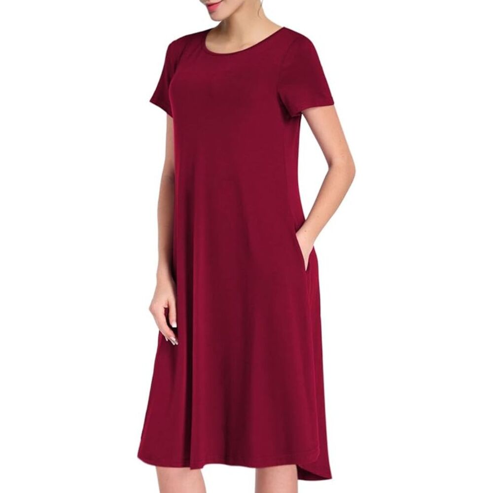 MISSKY Red Dresses for Women Short Sleeve Pocket Midi Swing Casual Summer Dress